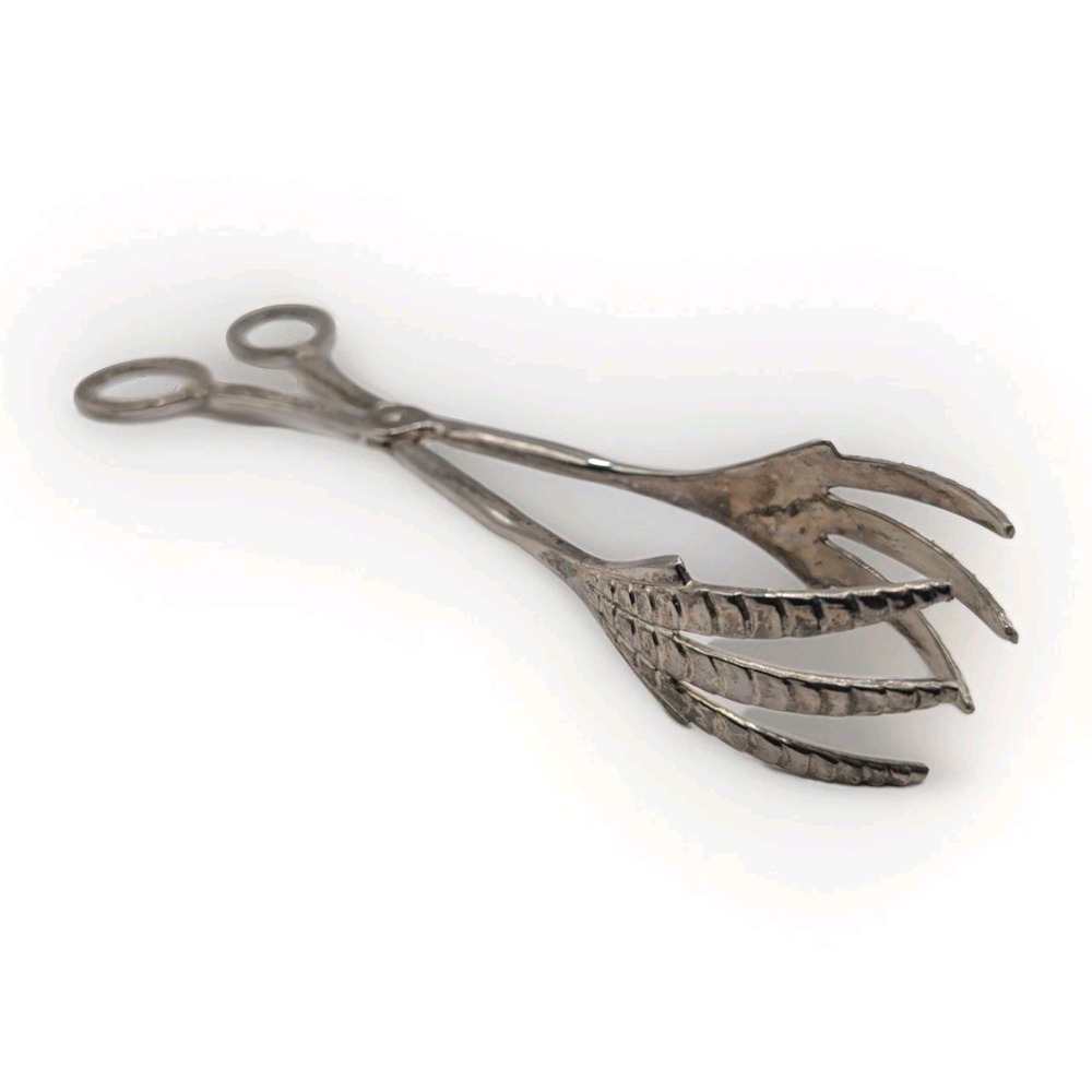 Vintage EP Zinc Silverplate Scissor Tongs Ornate Scroll Handles Dramatic Claws